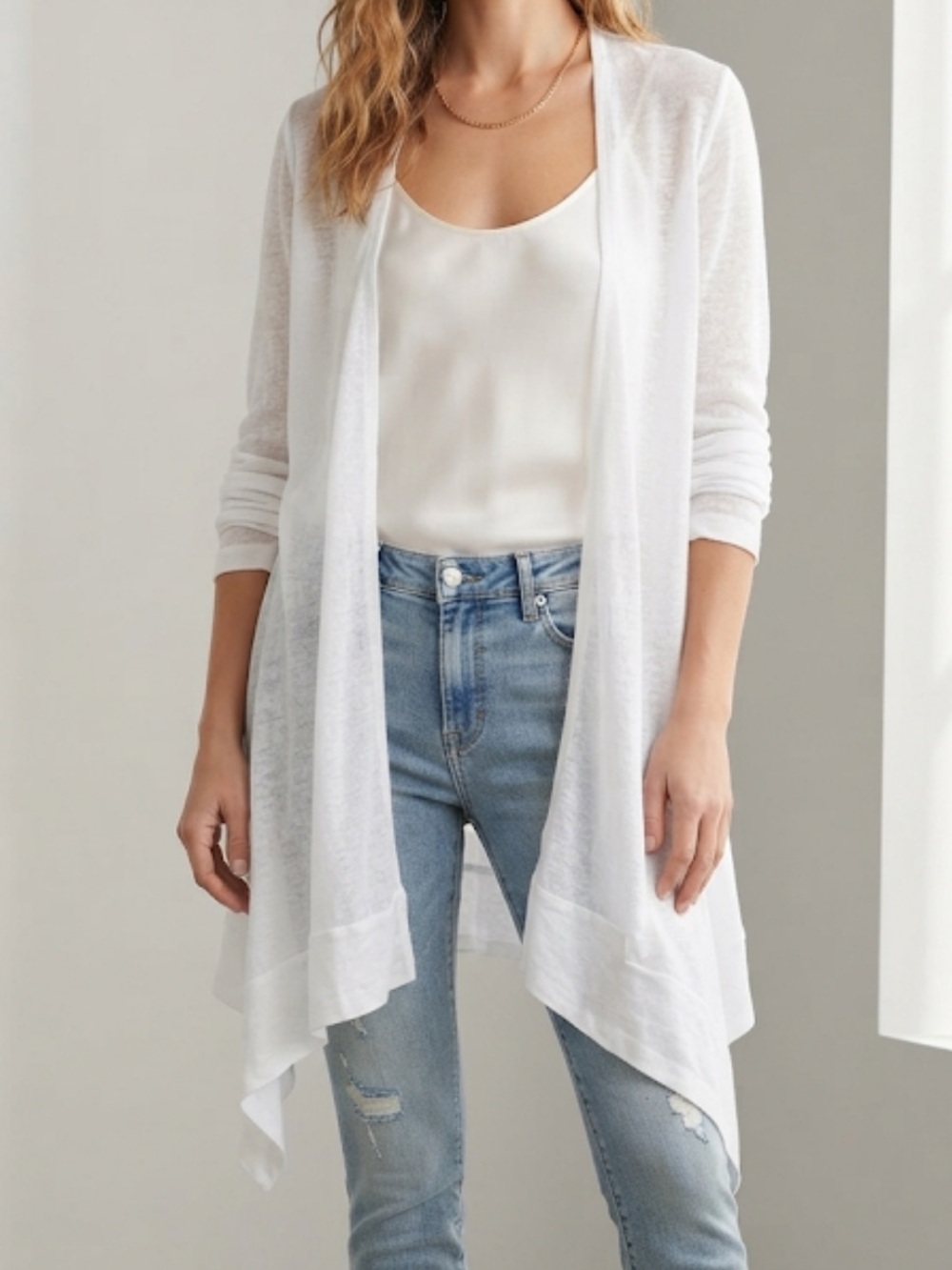 TAHARI White Linen Open Cardigan Longline Small